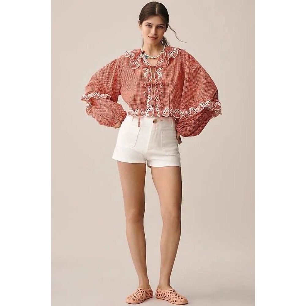 Anthropologie Maeve Long-Sleeve Scallop Tie-Front Blouse One Size